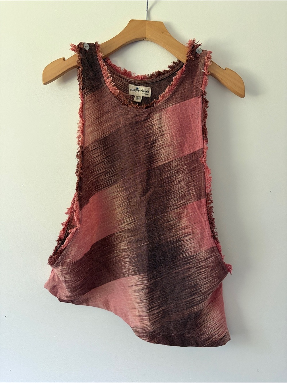 Lost & Found Women's Distressed Fringe Asymmetrical BOHO Tank -Pink & Brown